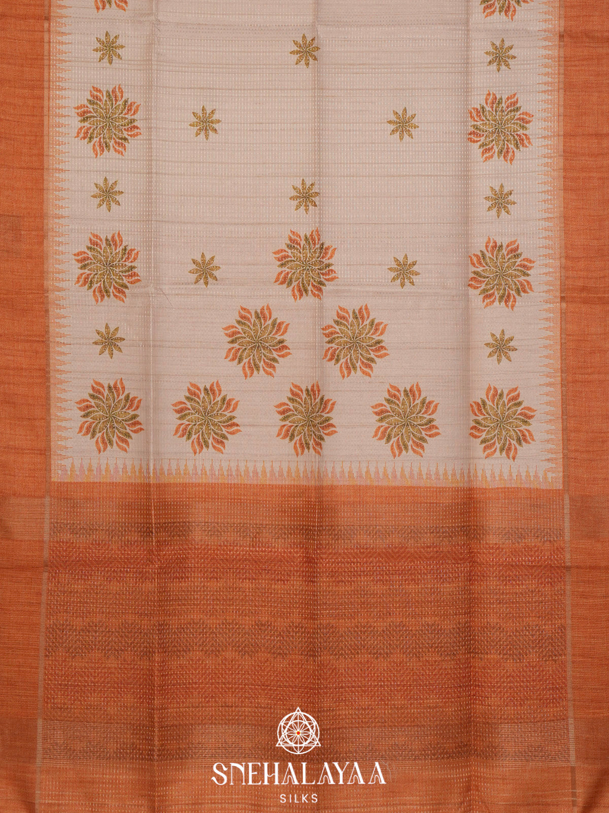 Cream With Orange Border Tussar Saree