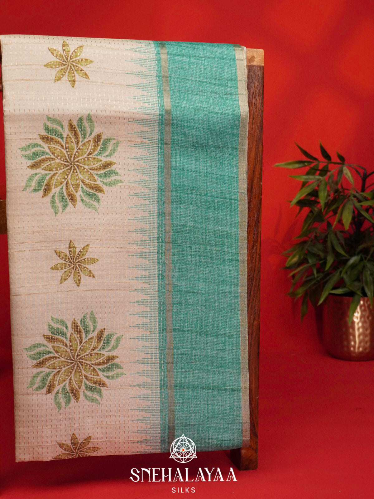 Cream With Teal Green Border Tussar Saree