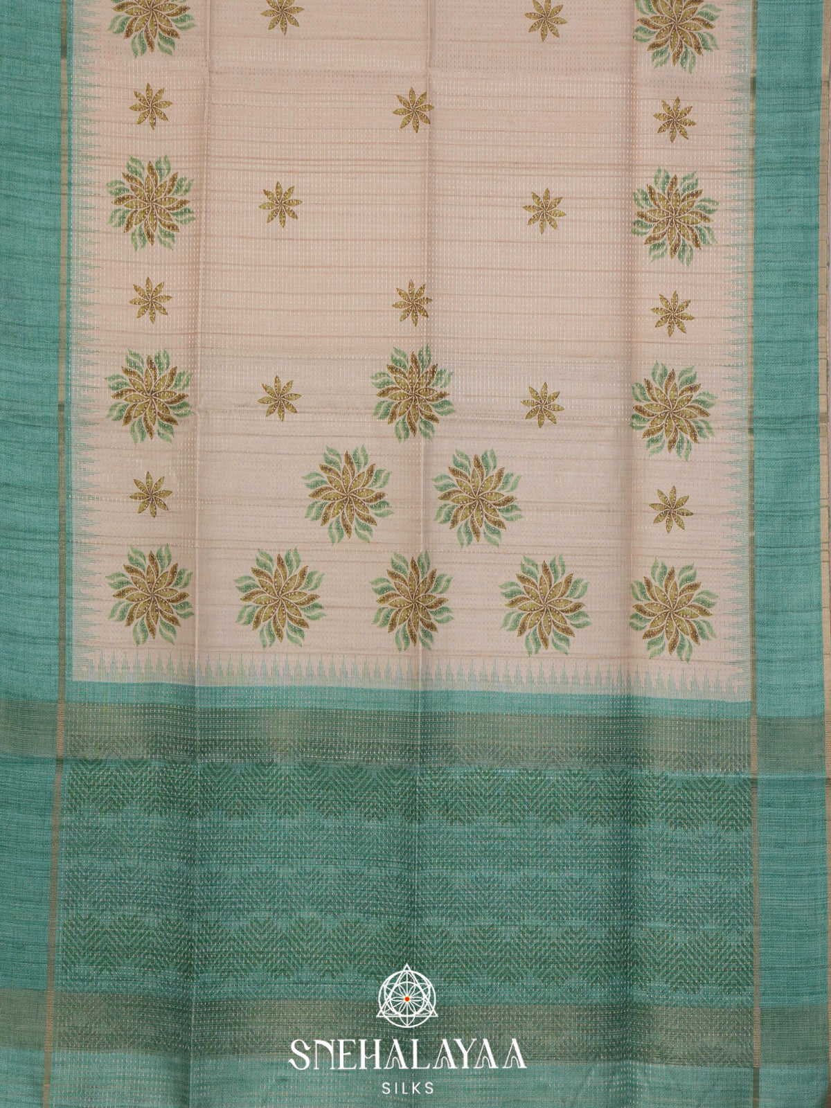 Cream With Teal Green Border Tussar Saree