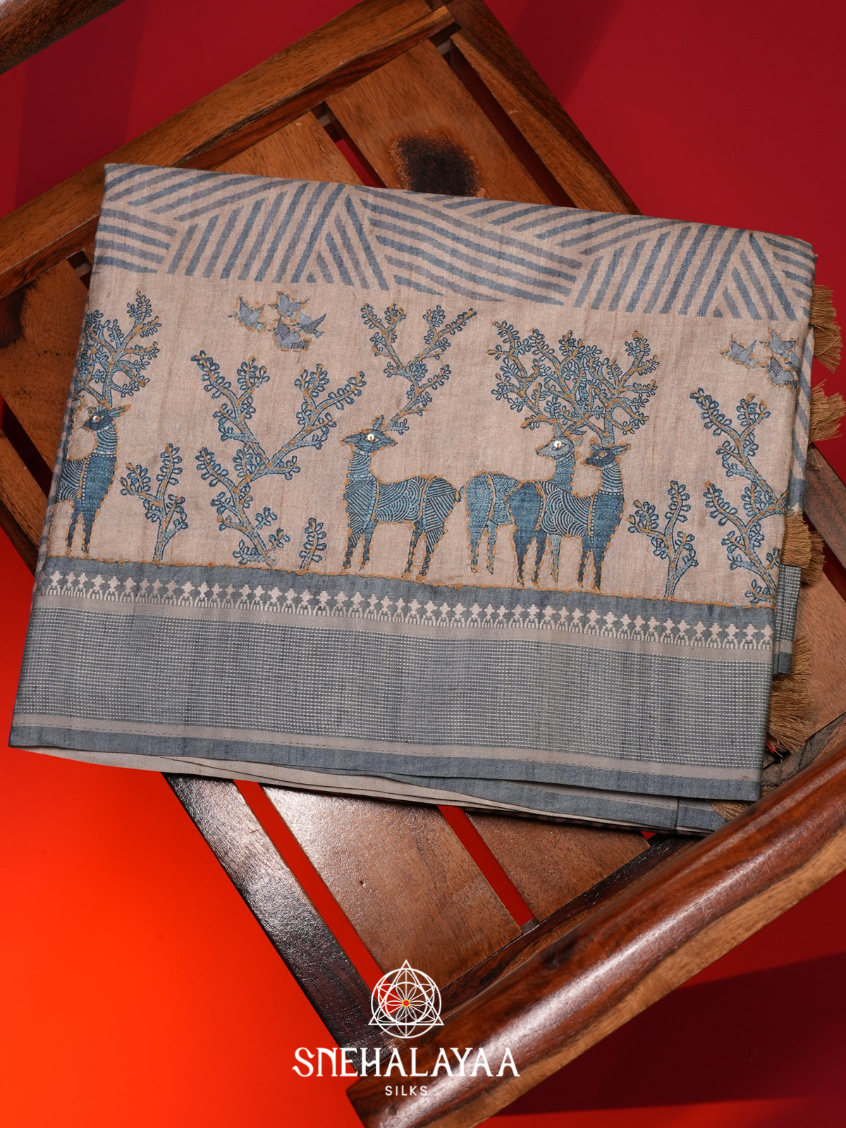 Beige With Blue Border Tussar saree
