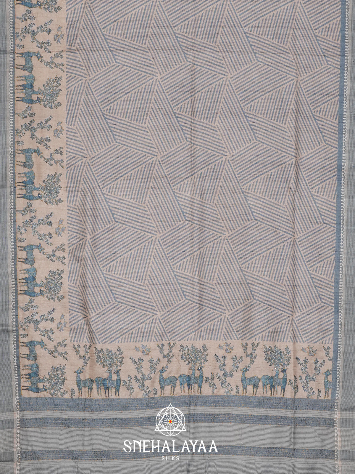 Beige With Blue Border Tussar saree