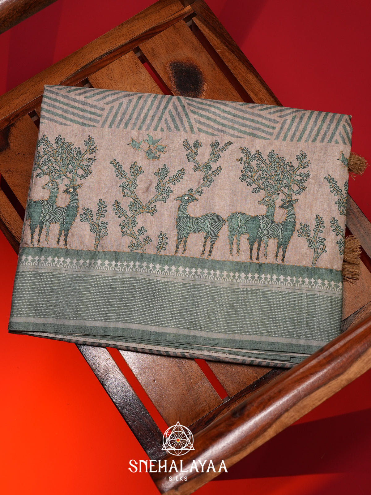 Beige With Green Border Tussar saree