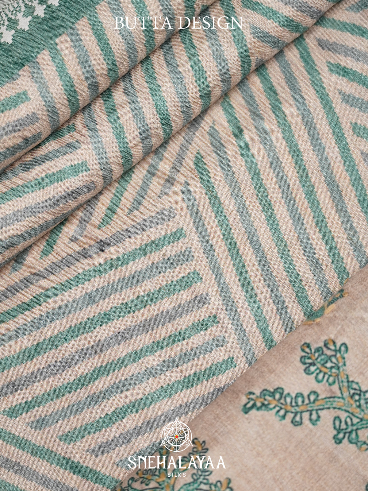 Beige With Green Border Tussar saree