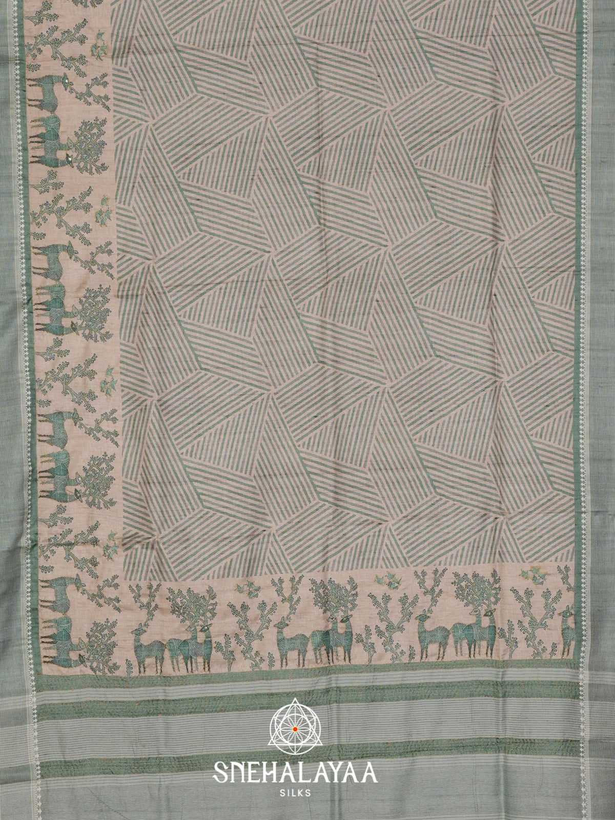 Beige With Green Border Tussar saree