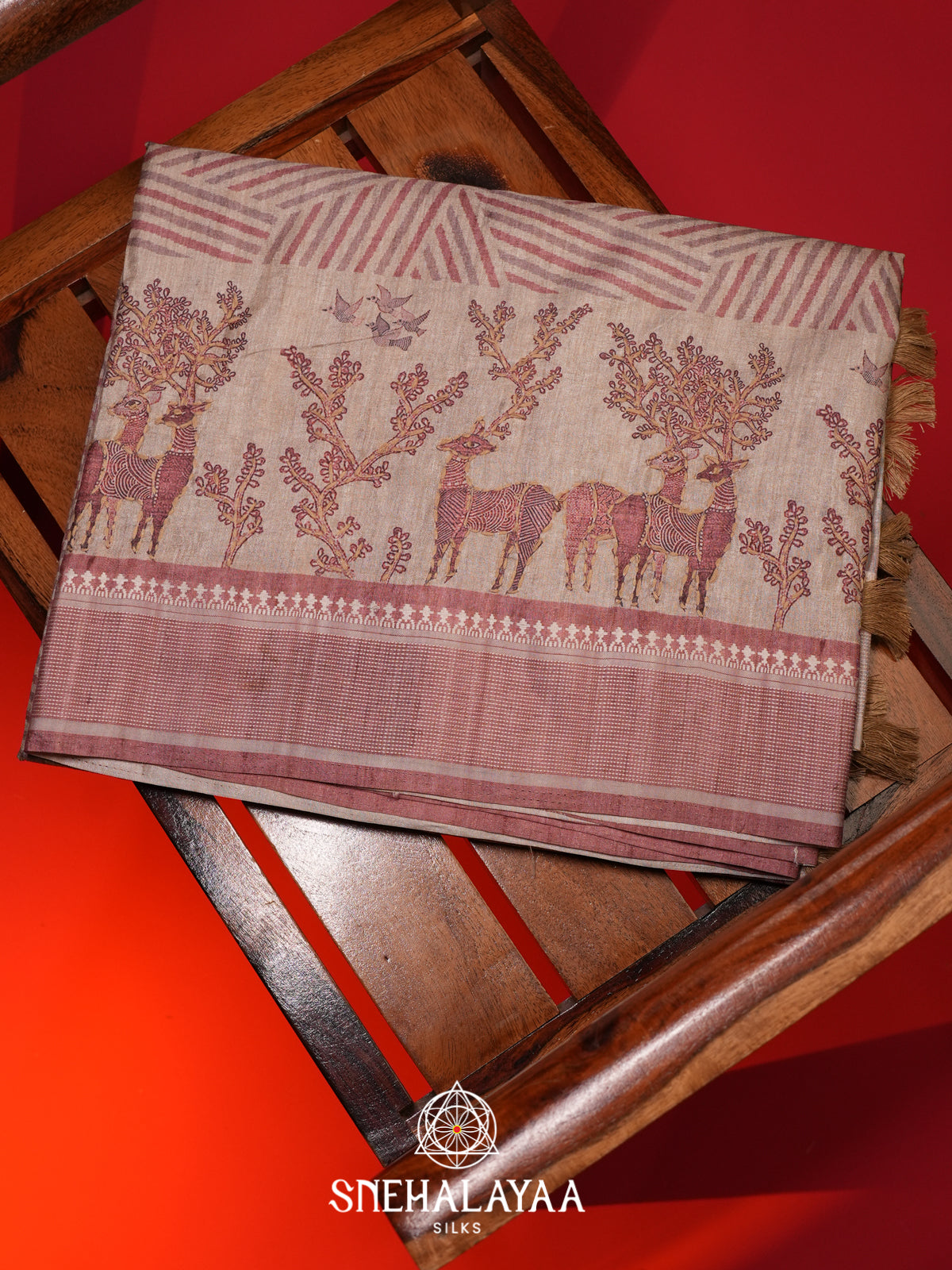 Beige With Maroon Border Tussar saree