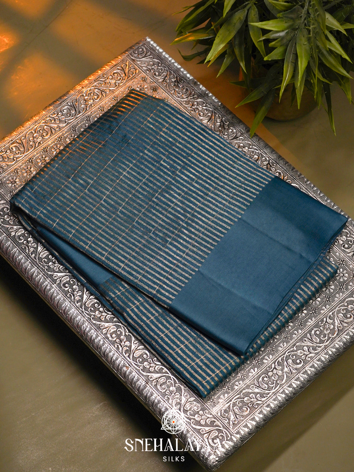 Peacock Blue  Kora Silk Saree