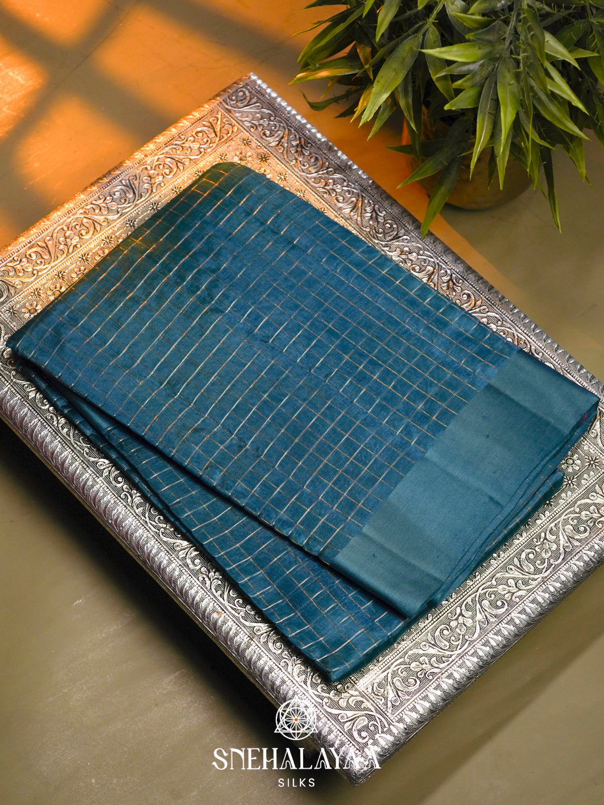 Peacock Blue  Kora Silk Saree