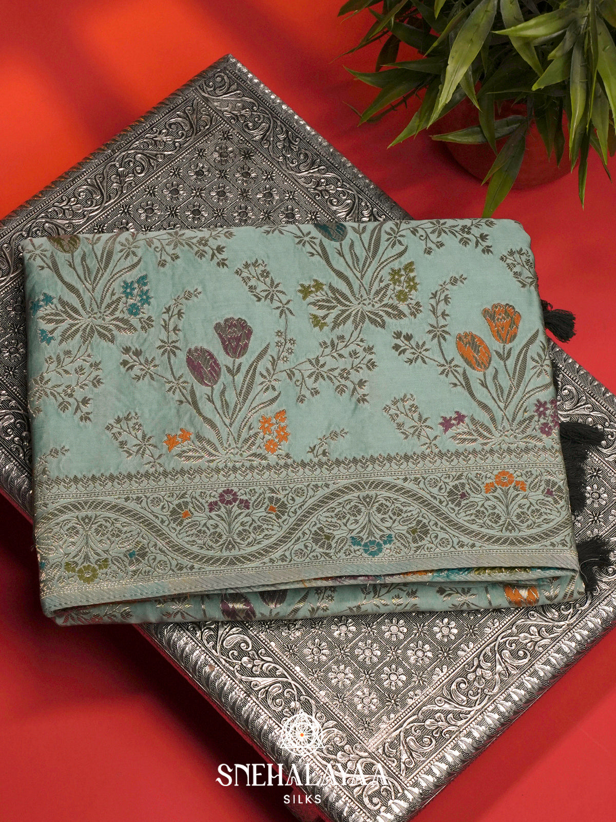 Pale Aqua Banaras Silk Saree