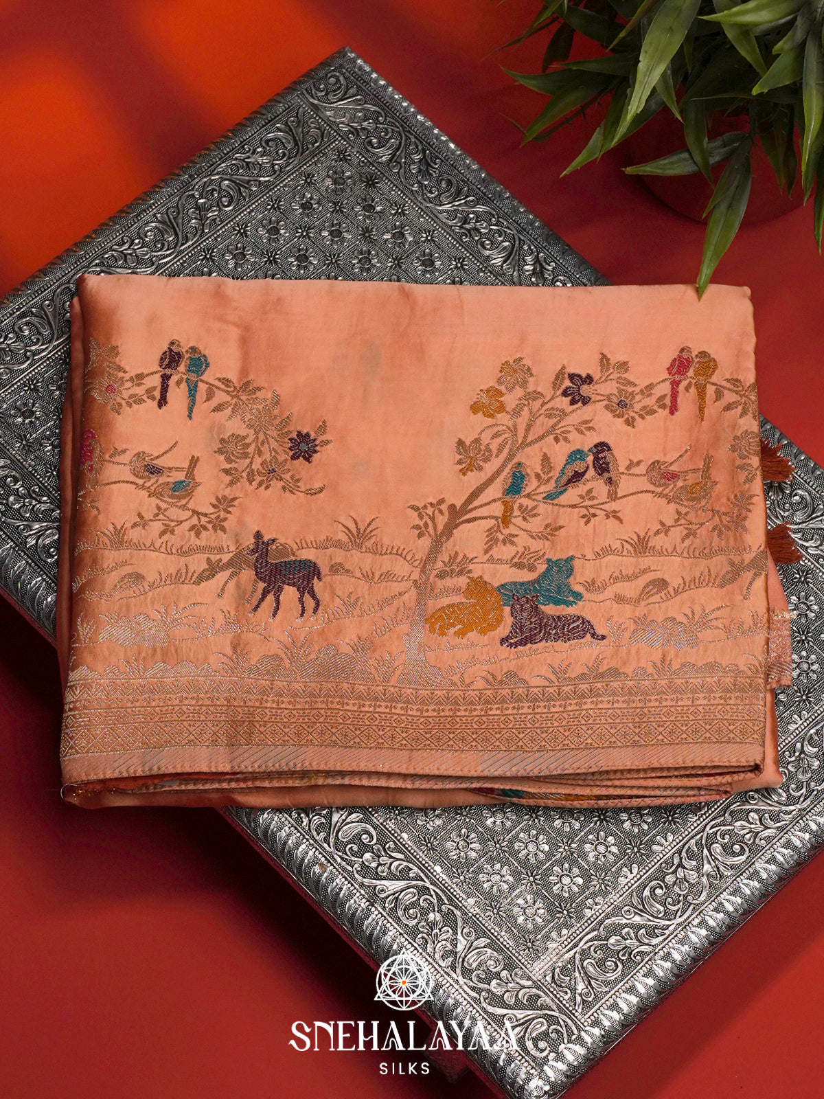 Peach Banaras Silk Saree
