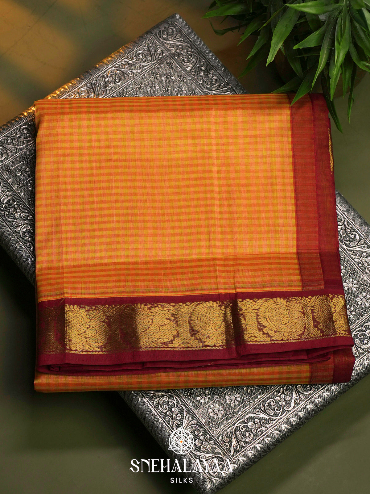 Golden Yellow Silk Cotton Saree with Maroon Zari Border
