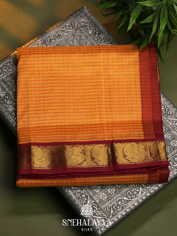 Golden Yellow Silk Cotton Saree with Maroon Zari Border