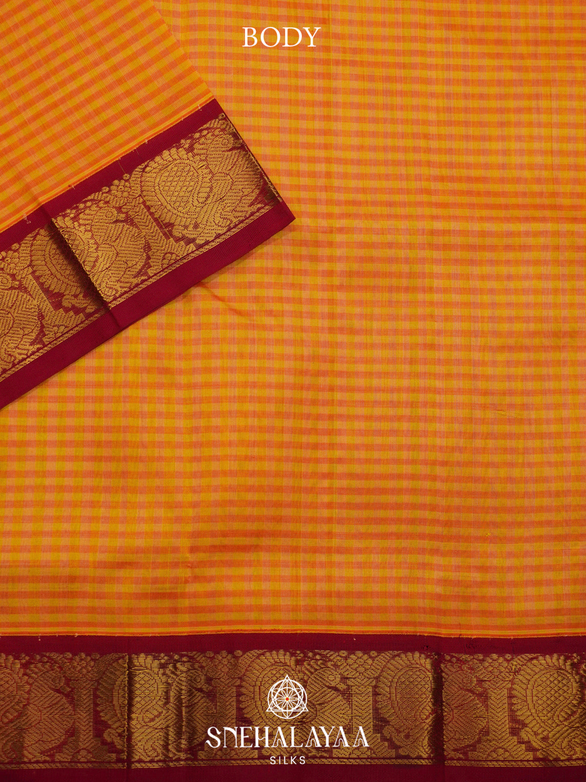 Golden Yellow Silk Cotton Saree with Maroon Zari Border