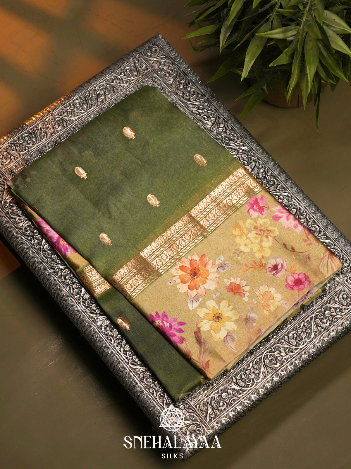 Olive Green Raw Silk Saree