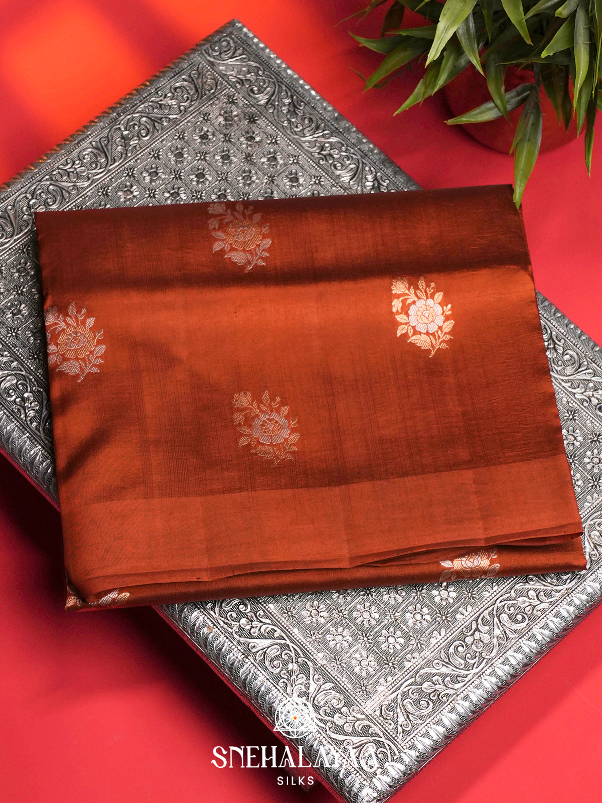 Burnt Orange Raw Silk Saree