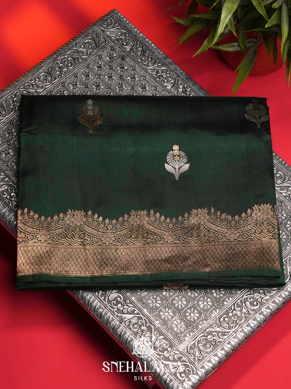 Forest Green Raw Silk Saree