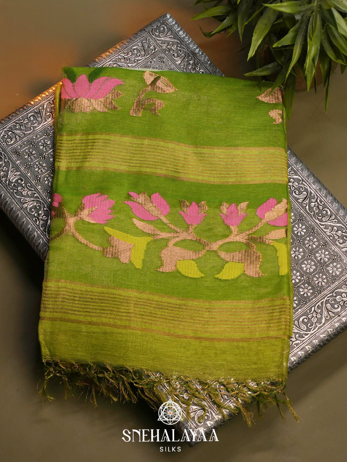 Lime Green Linen Saree