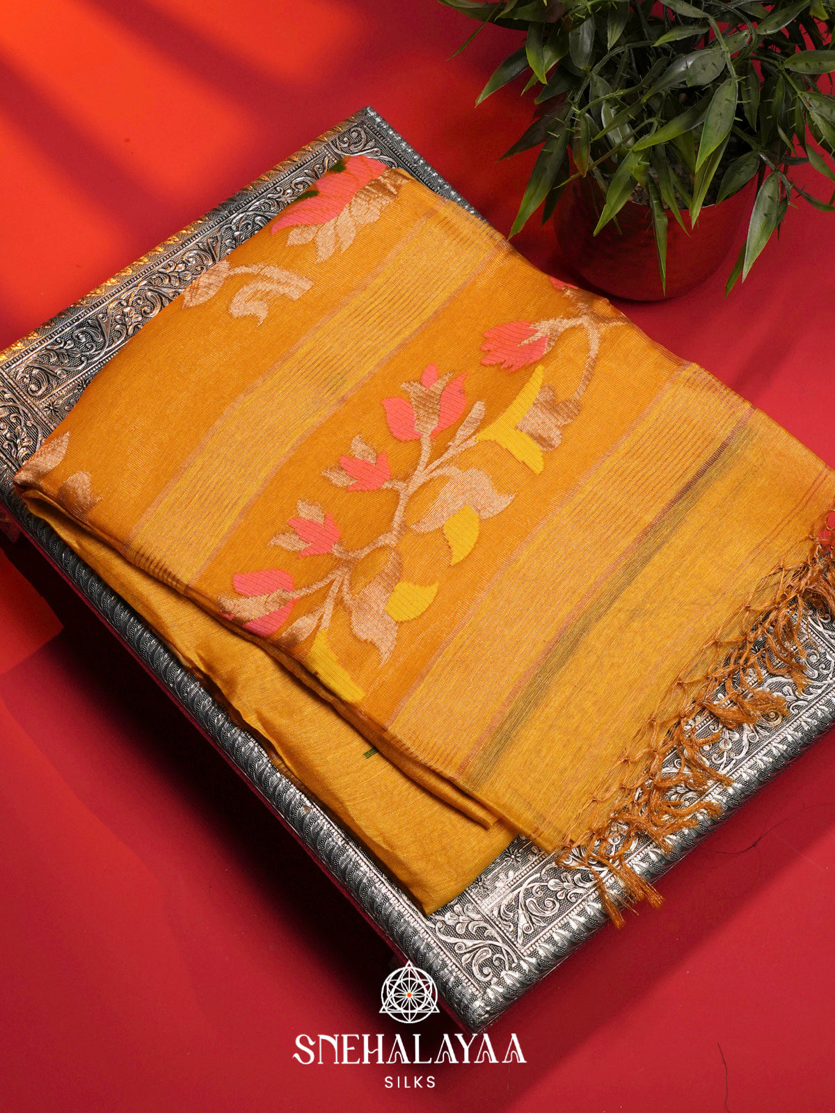 Mango Yellow Linen Saree