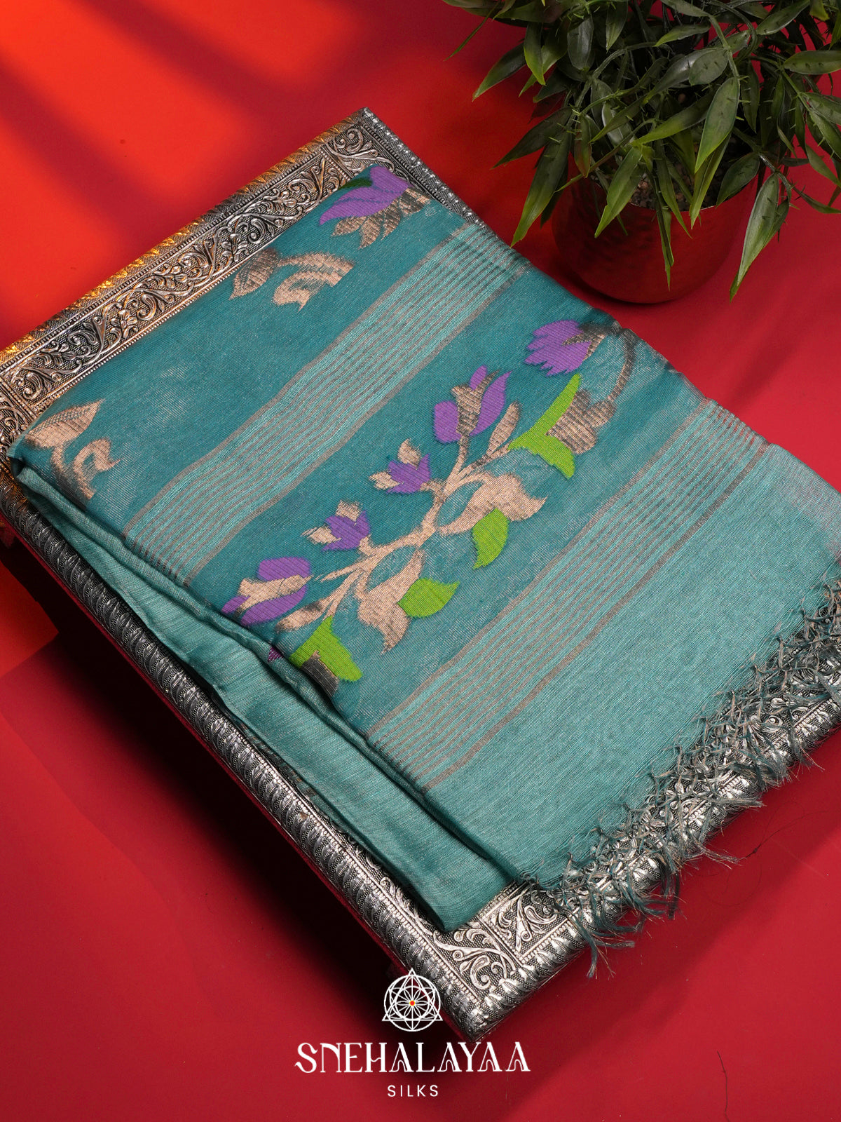 Teal Blue Linen Saree