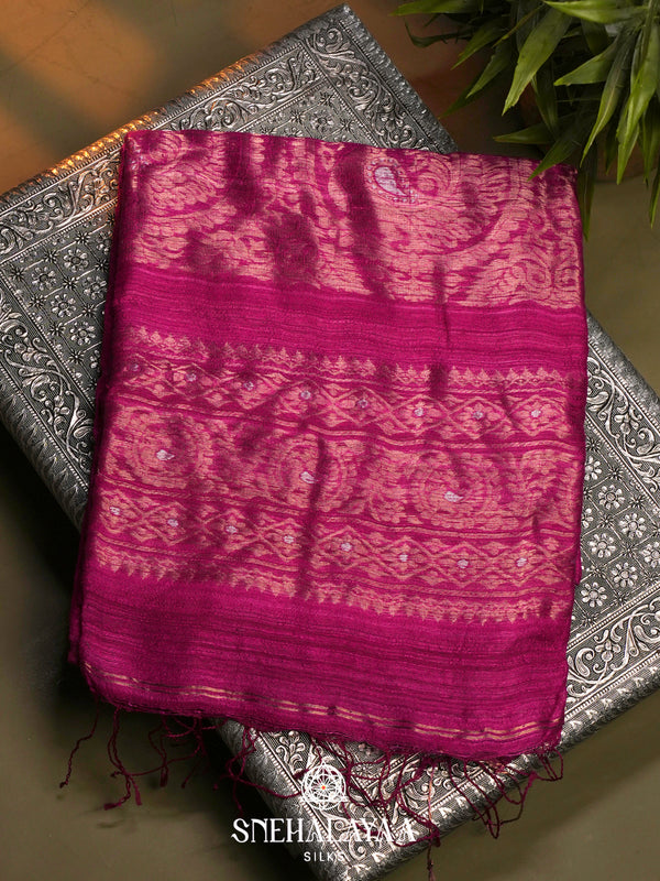 Magenta Matka Tussar Saree with Woven Border