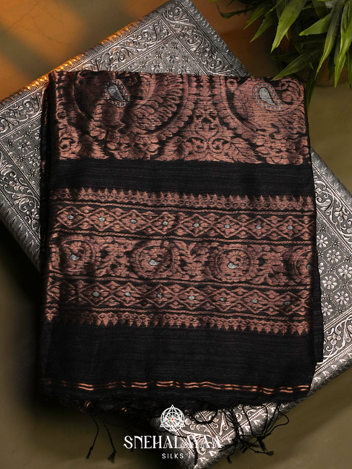 Black Matka Tussar Saree with Woven Border