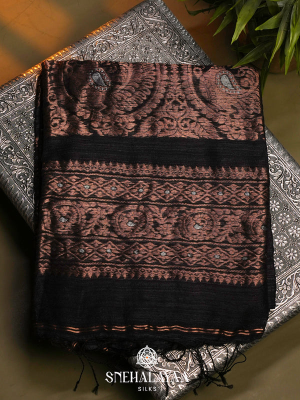 Black Matka Tussar Saree with Woven Border