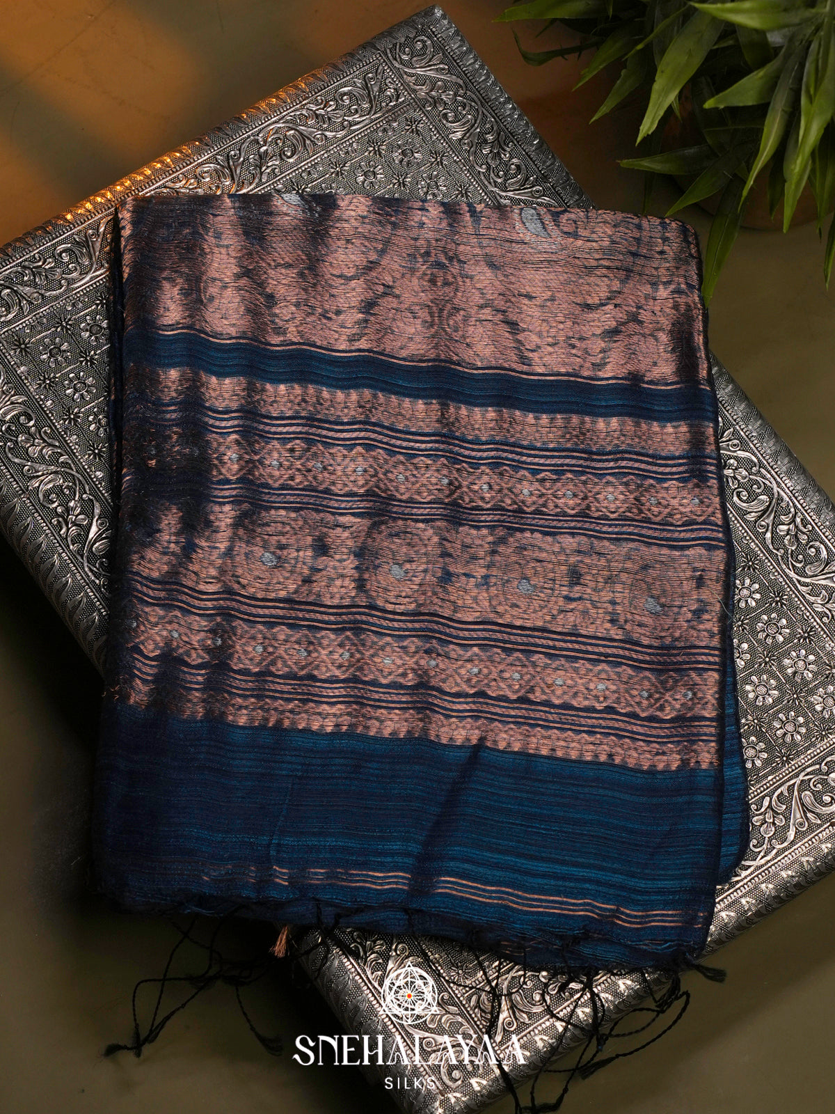 Peacock Blue Matka Tussar Saree with Woven Border