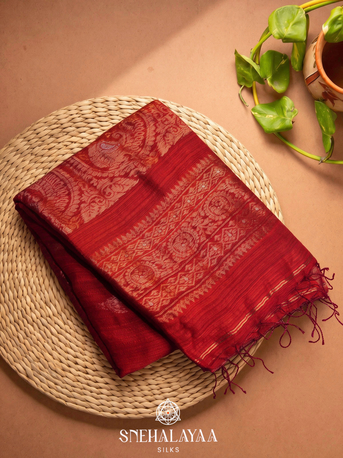 Maroon Matka Tussar Saree with Woven Border