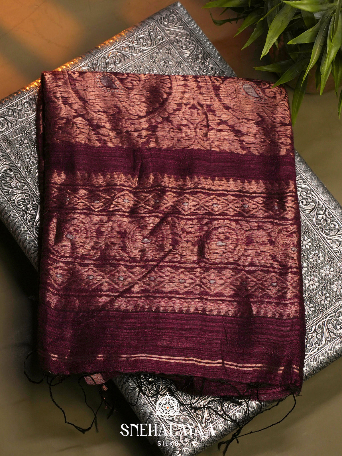 Wine Matka Tussar Saree with Woven Border