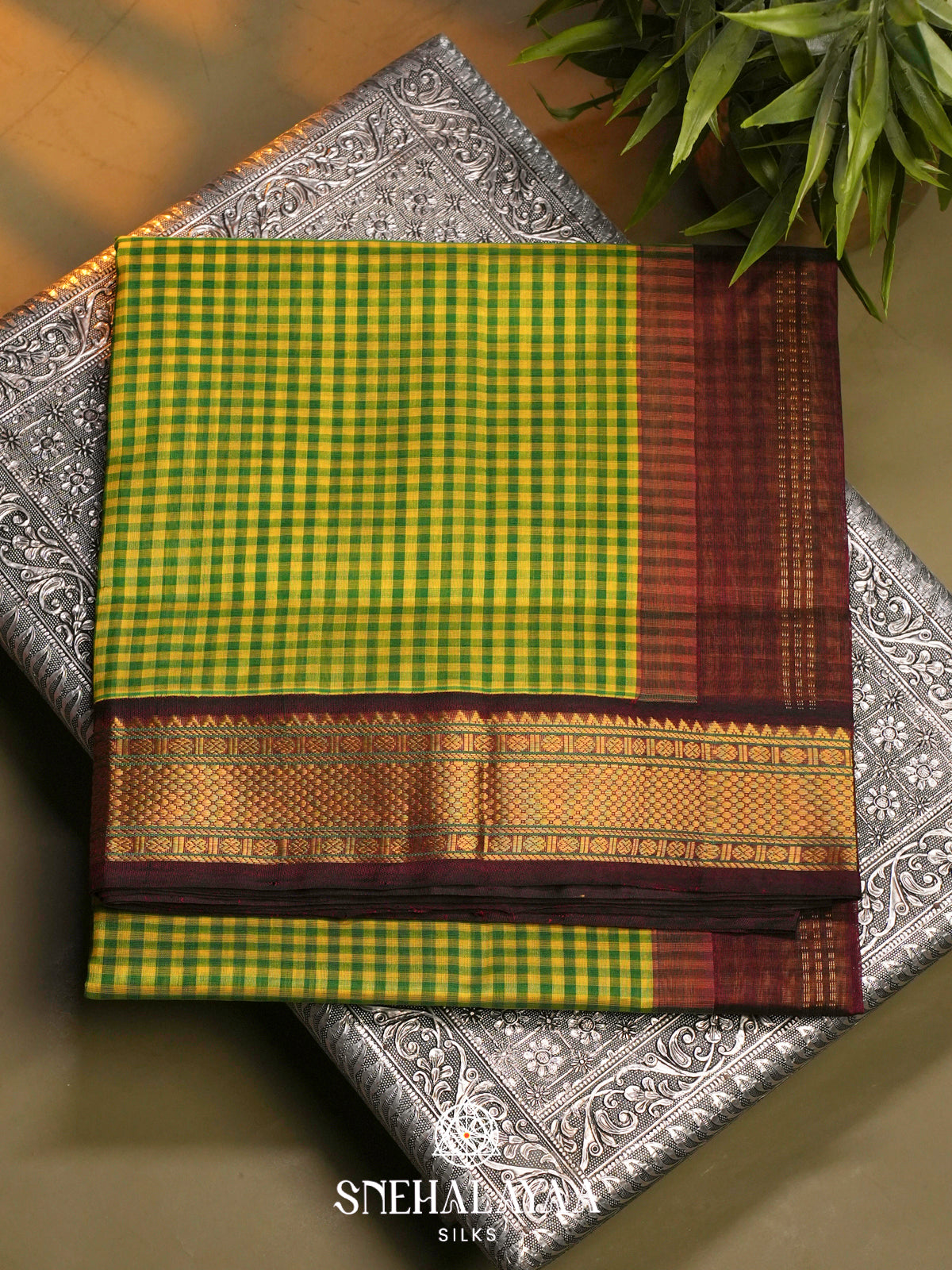 Green Checked Silk Cotton Saree with Maroon Zari Border