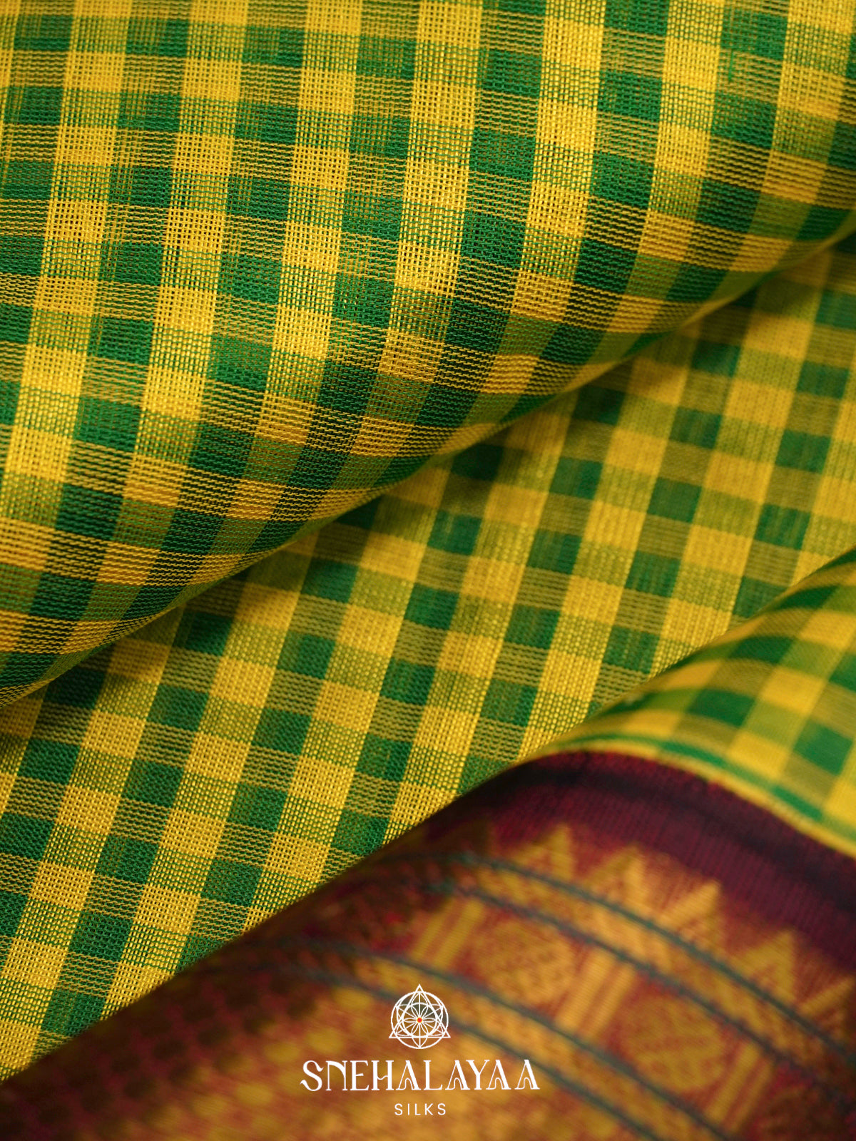 Green Checked Silk Cotton Saree with Maroon Zari Border