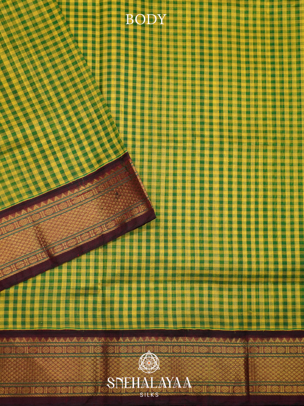 Green Checked Silk Cotton Saree with Maroon Zari Border