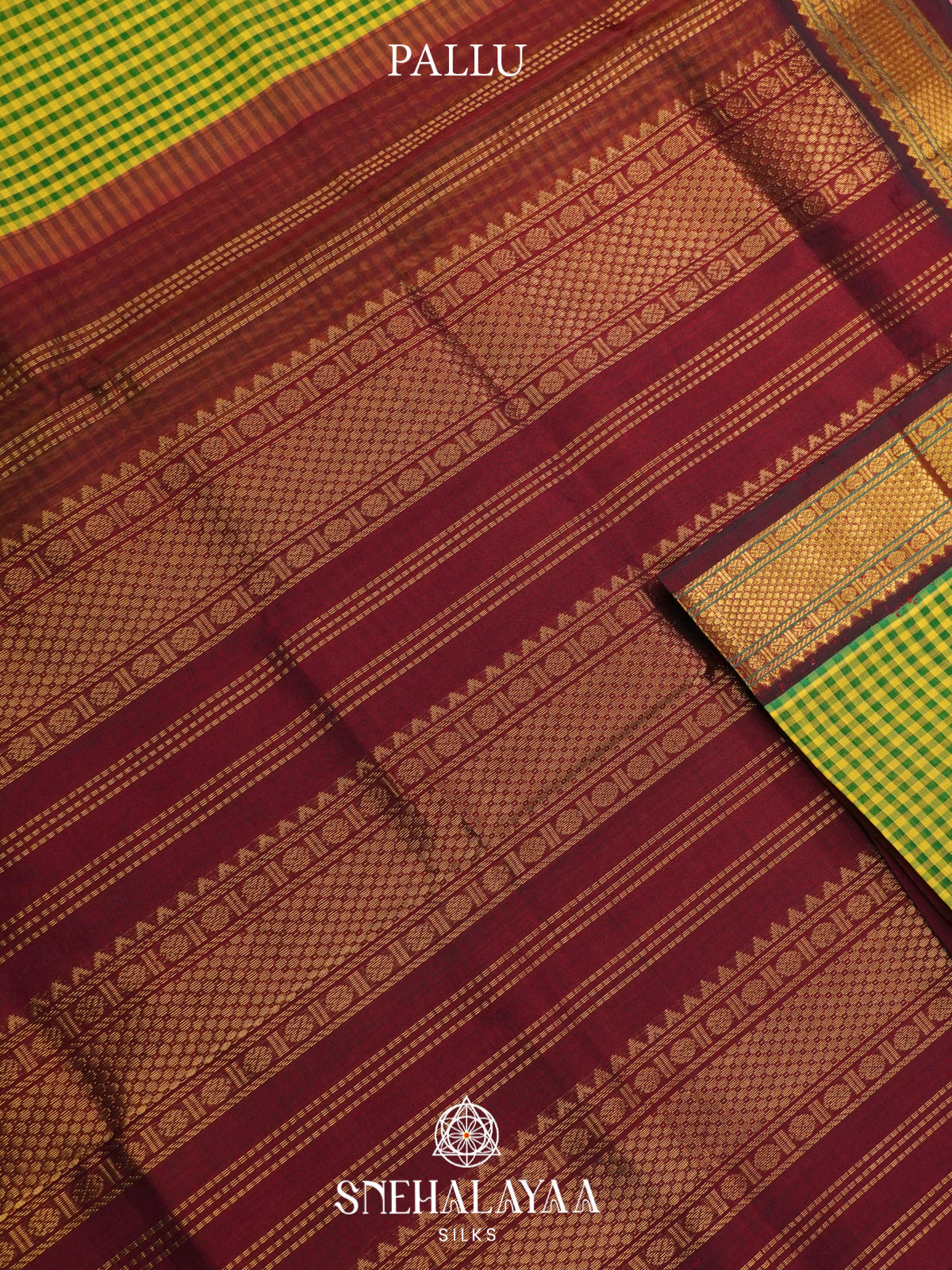 Green Checked Silk Cotton Saree with Maroon Zari Border