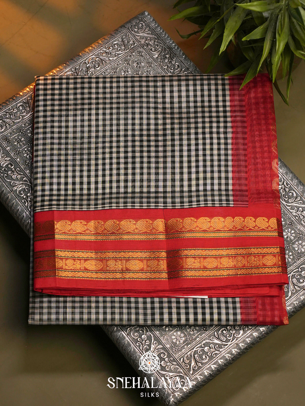 Black & White Checked Silk Cotton Saree with Red Zari Border