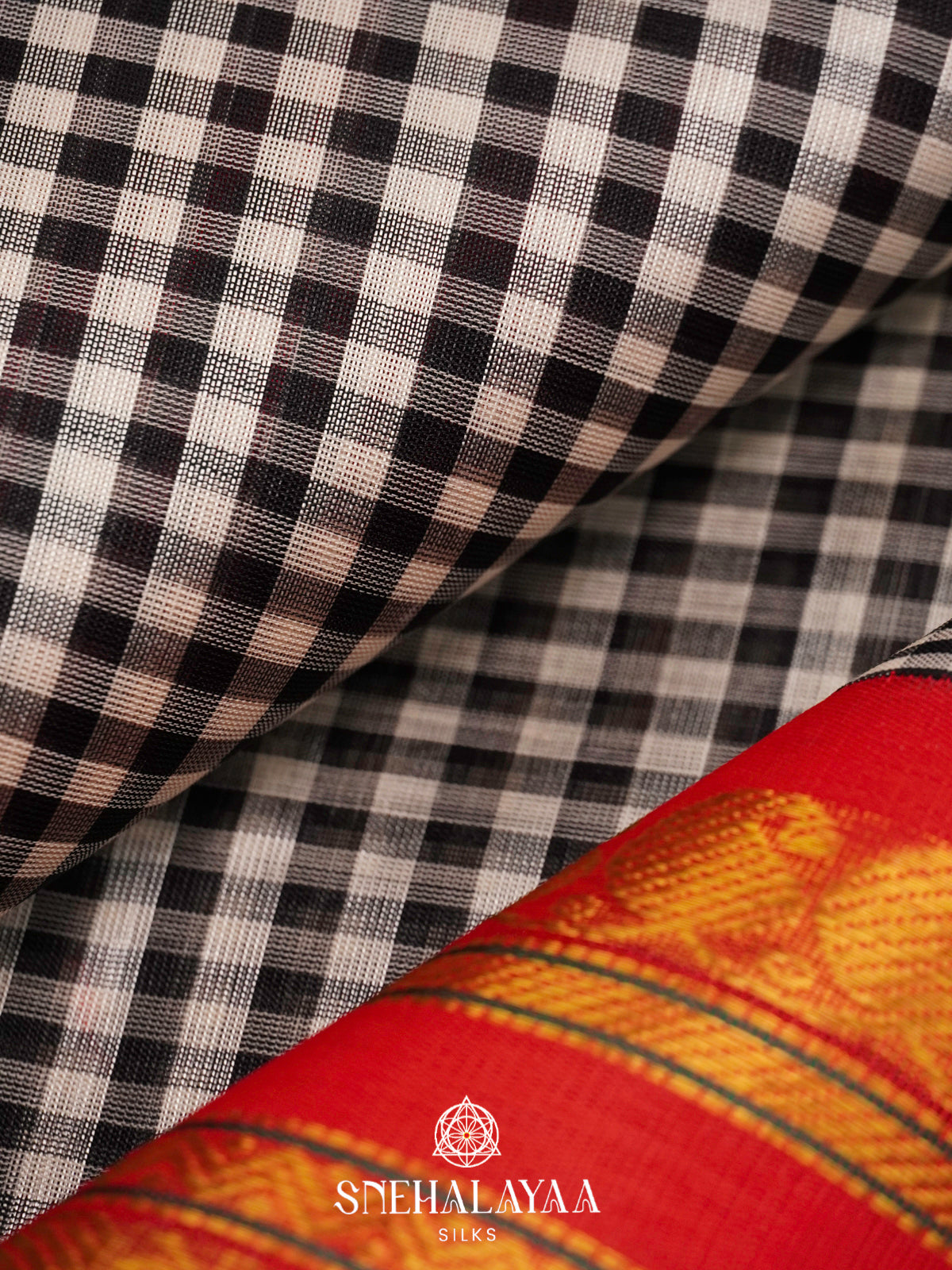 Black & White Checked Silk Cotton Saree with Red Zari Border