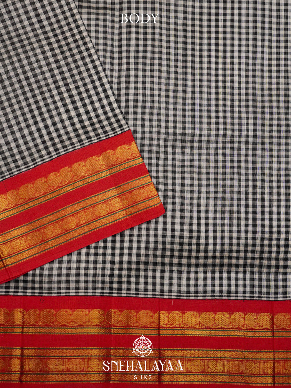 Black & White Checked Silk Cotton Saree with Red Zari Border