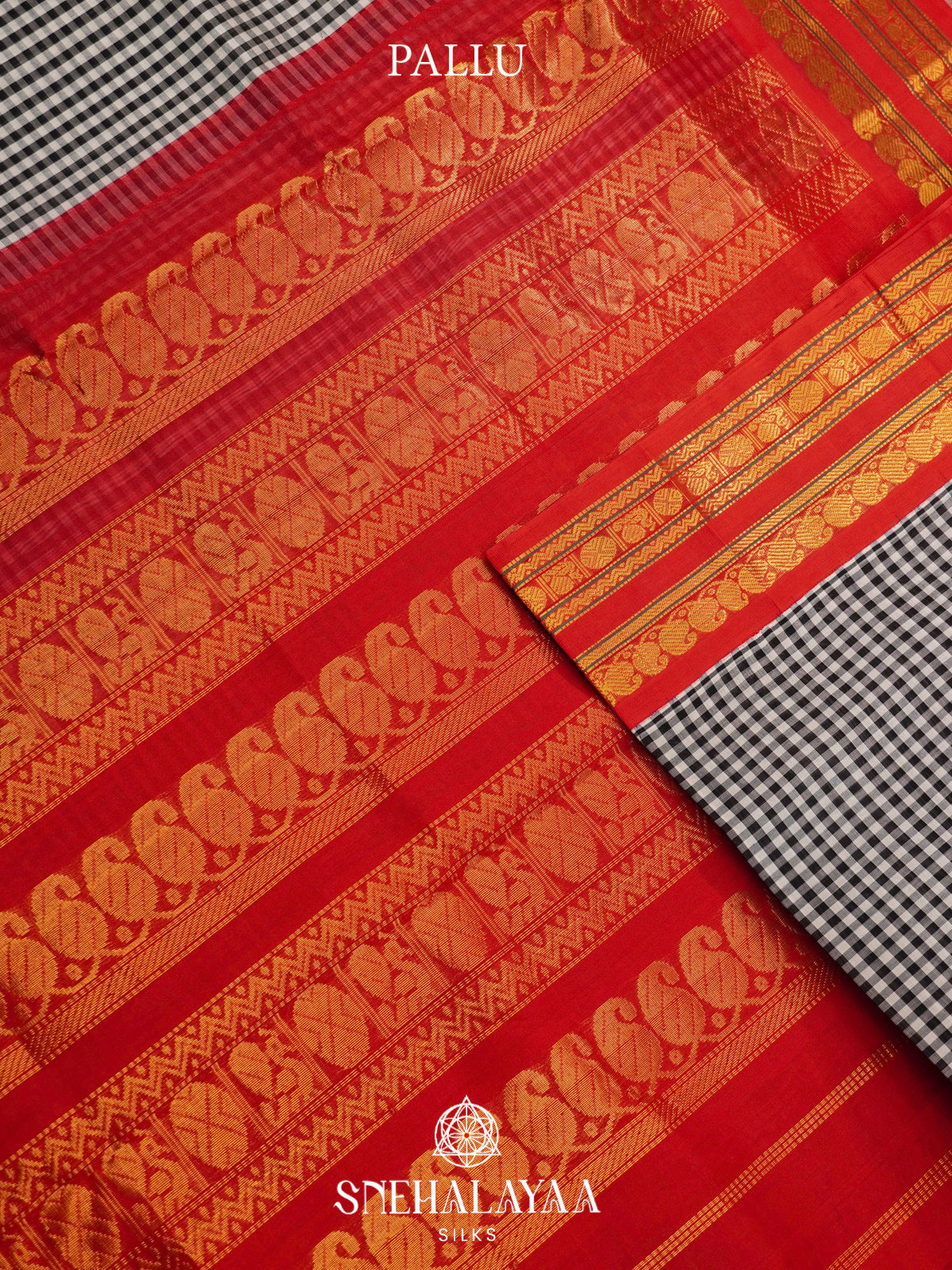 Black & White Checked Silk Cotton Saree with Red Zari Border