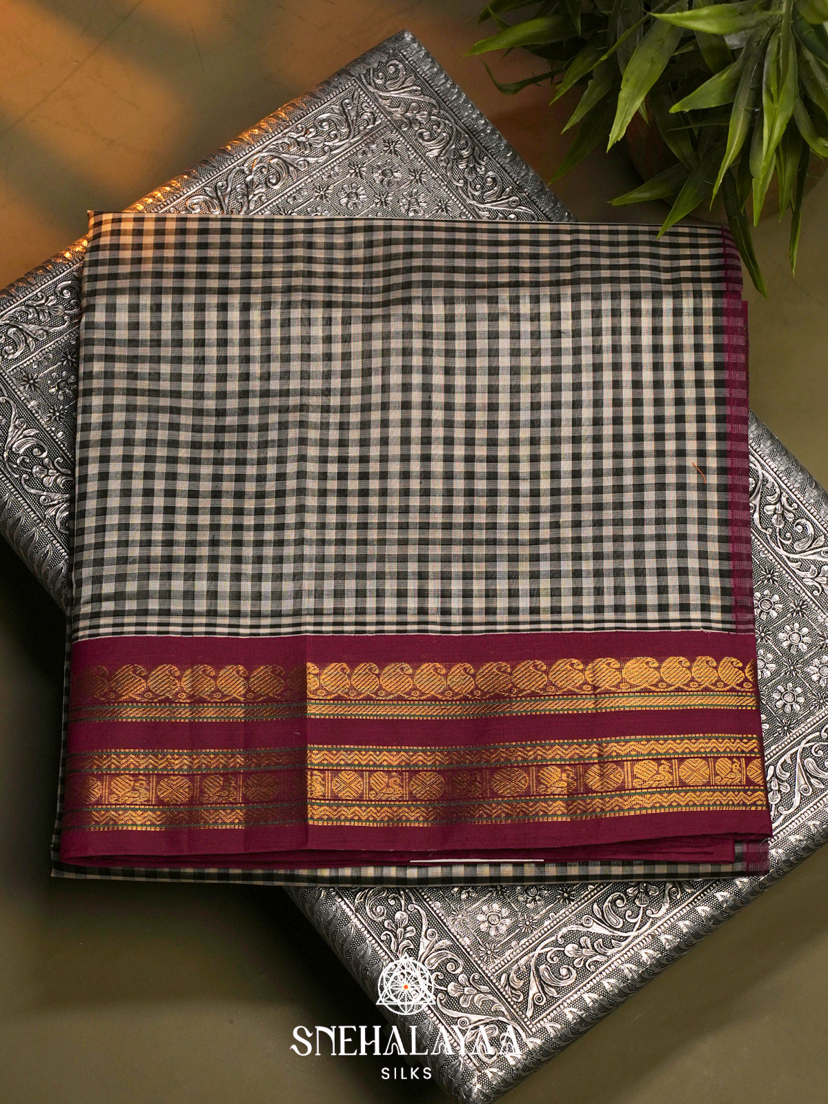Black & White Checked Silk Cotton Saree with Magenta Zari Border