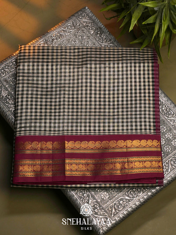 Black & White Checked Silk Cotton Saree with Magenta Zari Border