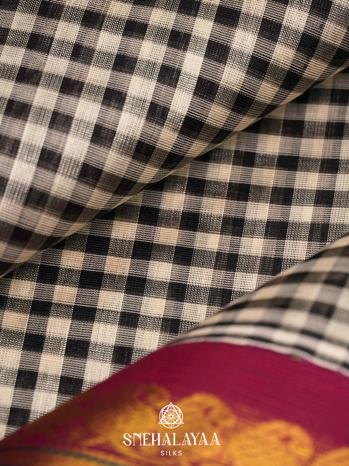 Black & White Checked Silk Cotton Saree with Magenta Zari Border