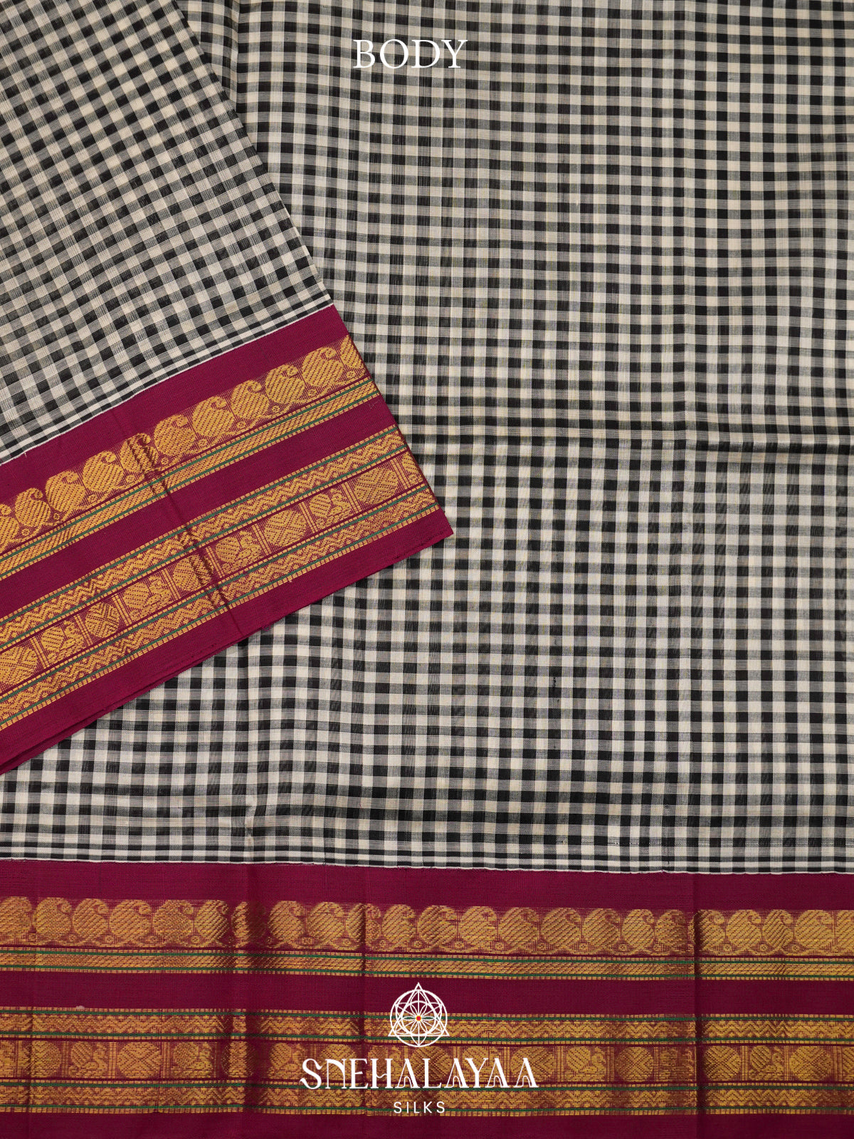 Black & White Checked Silk Cotton Saree with Magenta Zari Border
