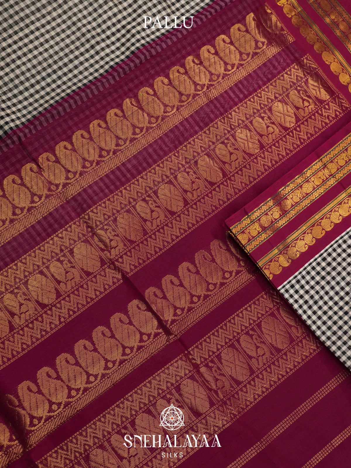 Black & White Checked Silk Cotton Saree with Magenta Zari Border