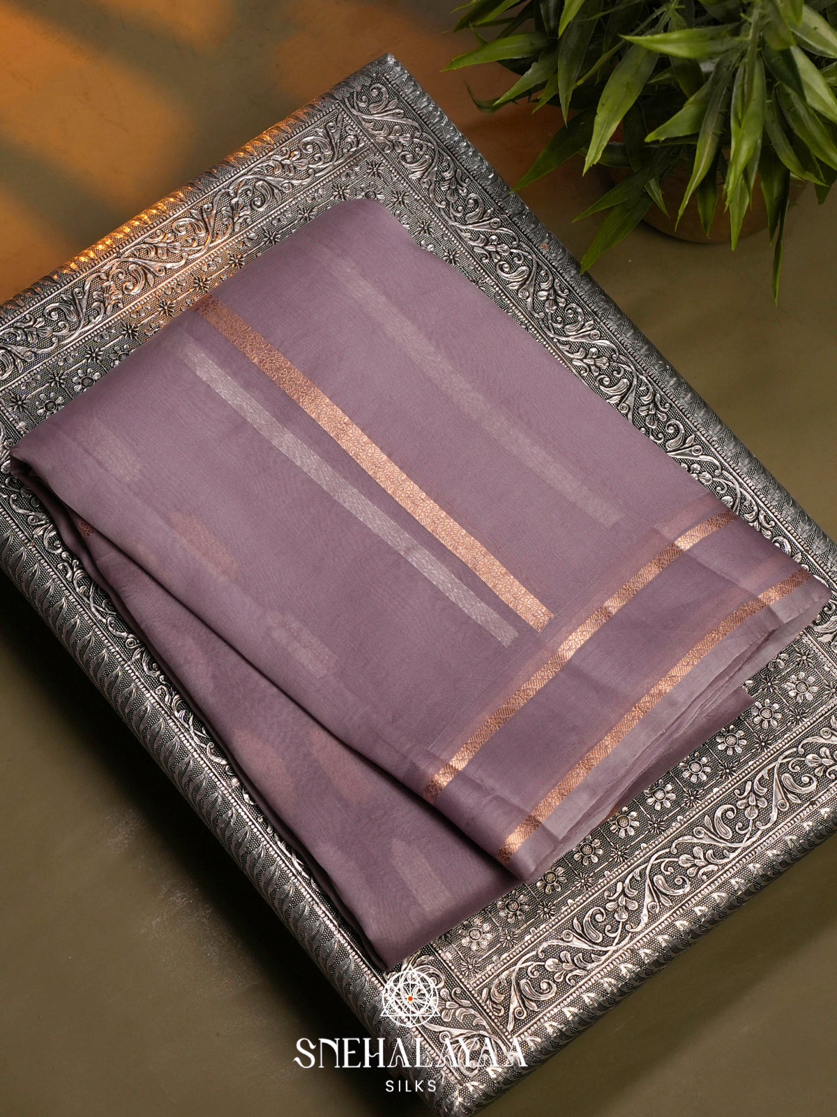 Mauve Grey Kora Silk Saree
