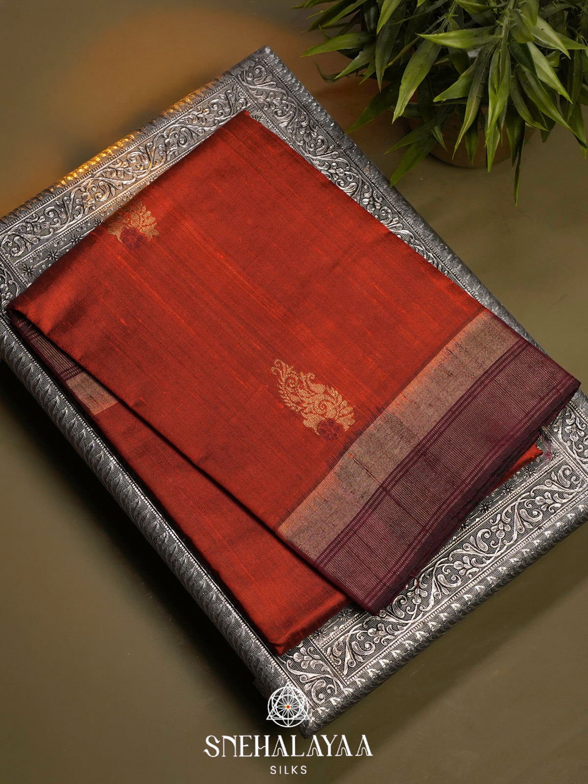 Burnt Orange Dupion Silk Saree