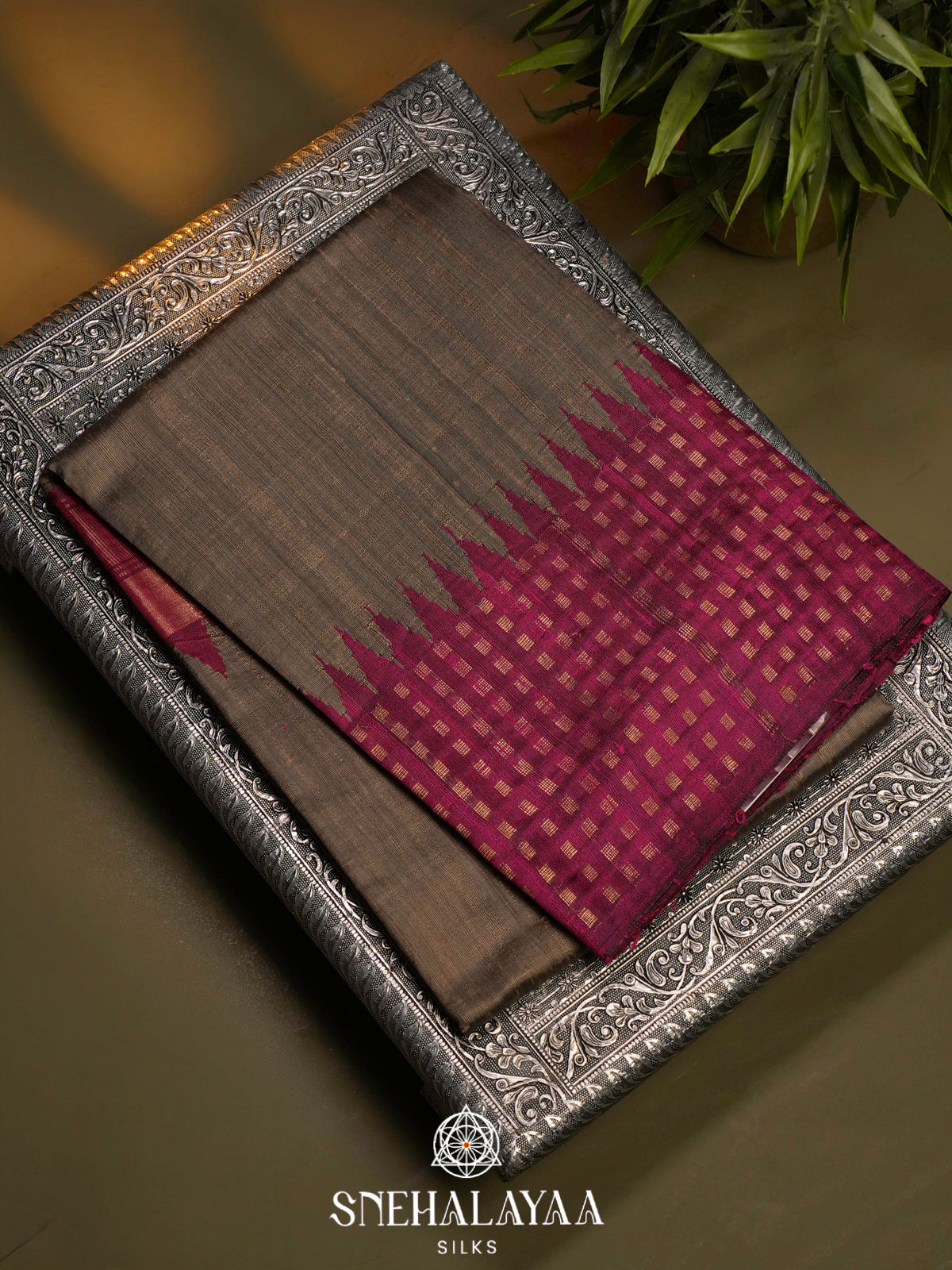 Taupe Brown Dupion Silk Saree