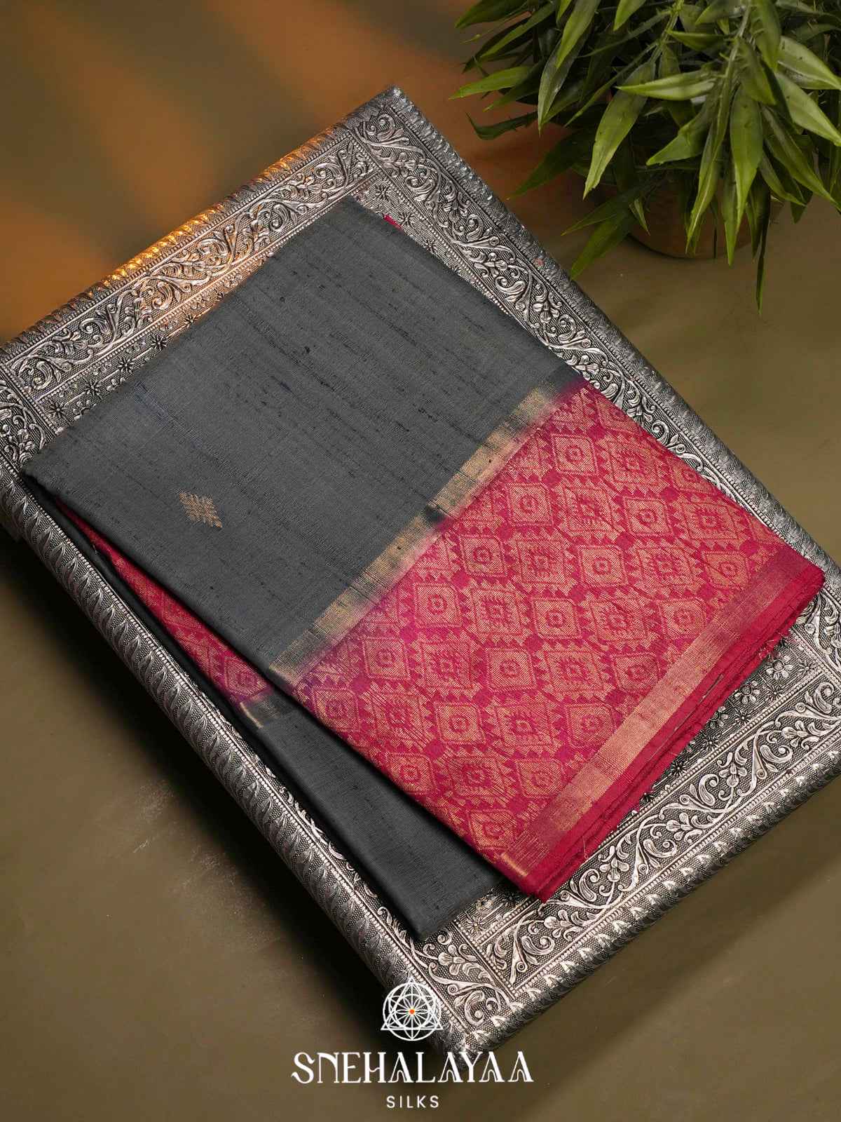 Grey Dupion Silk Saree