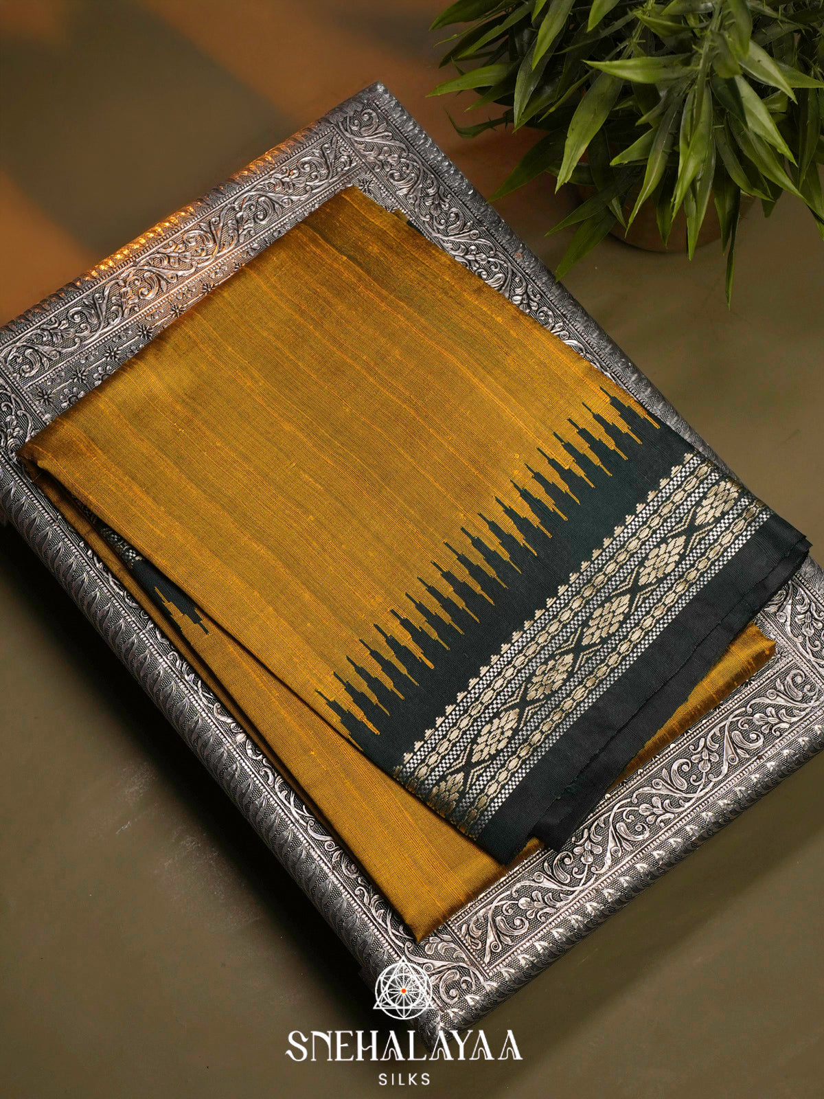 Ochre Gold Dupion Silk Saree