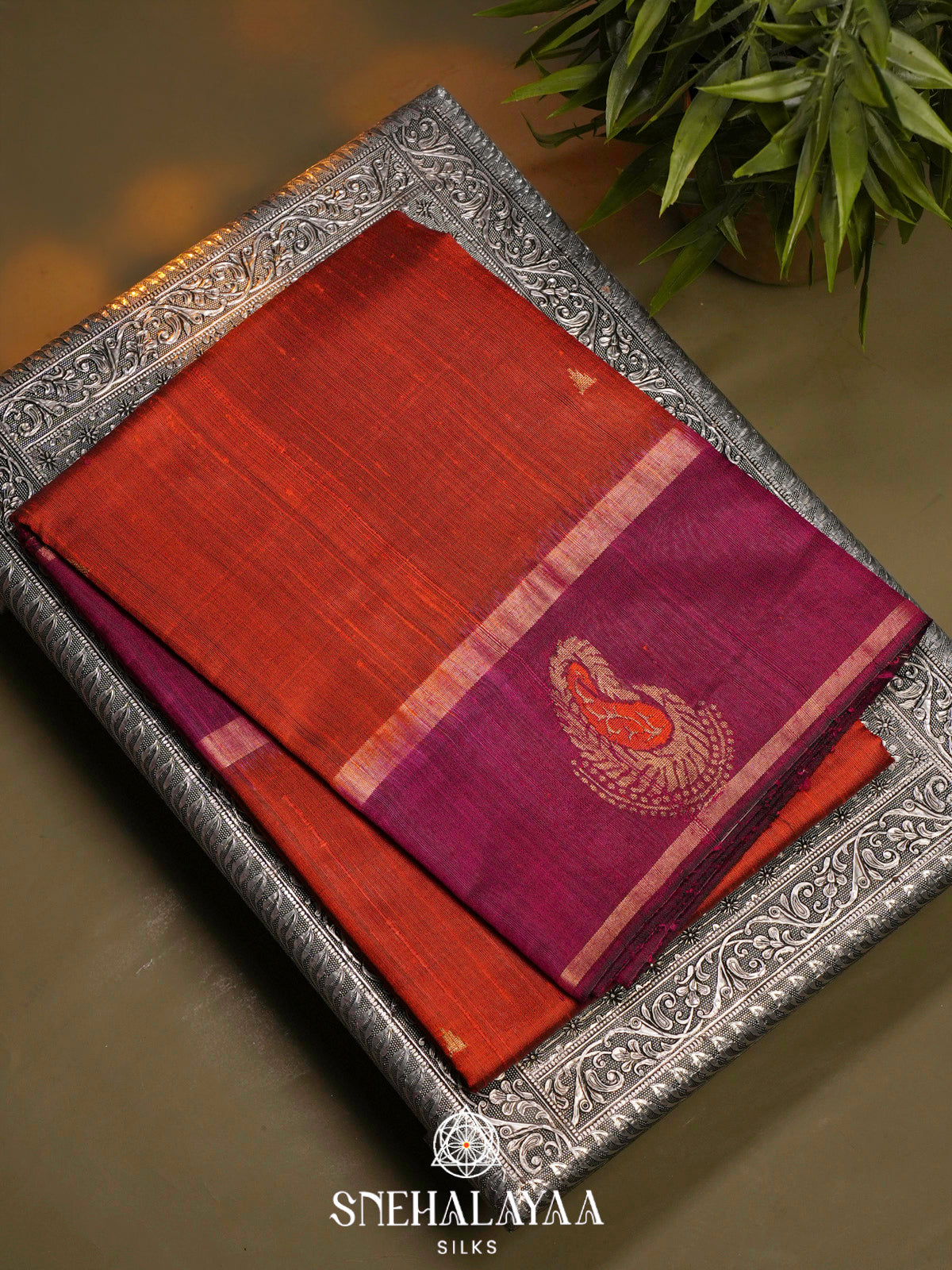 Burnt Orange Dupion Silk Saree