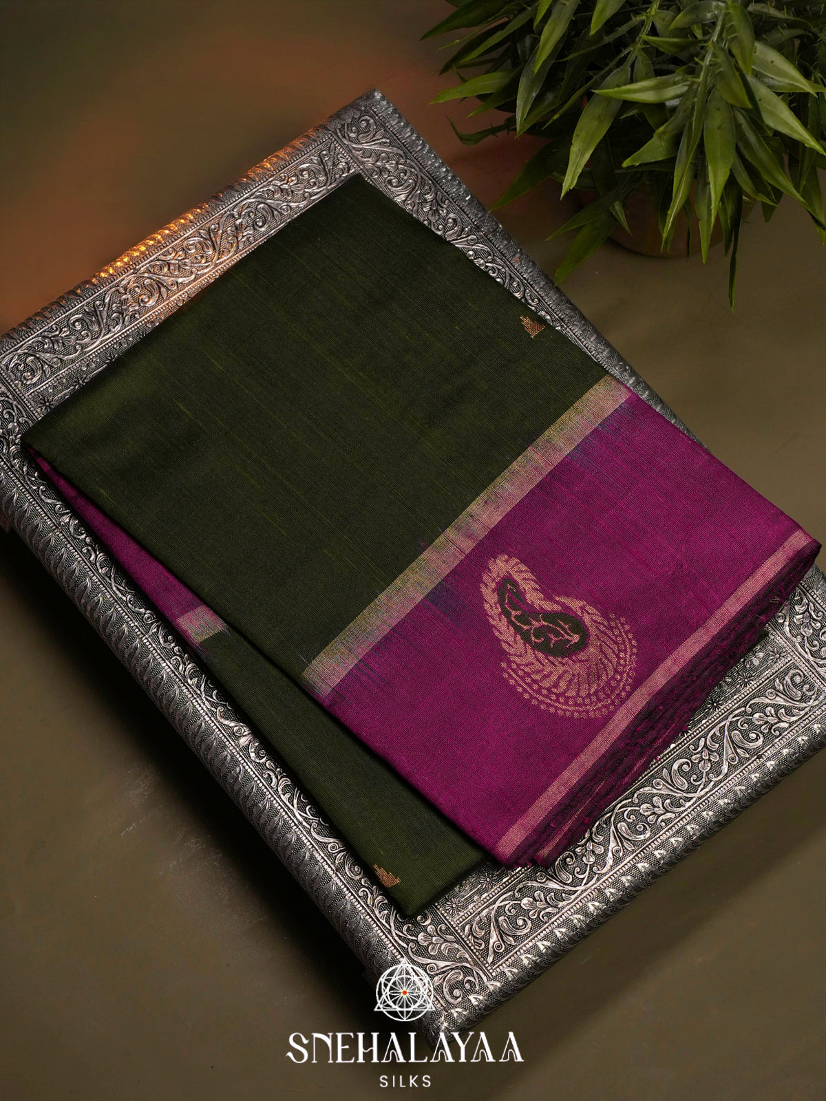 Olive Green Dupion Silk Saree