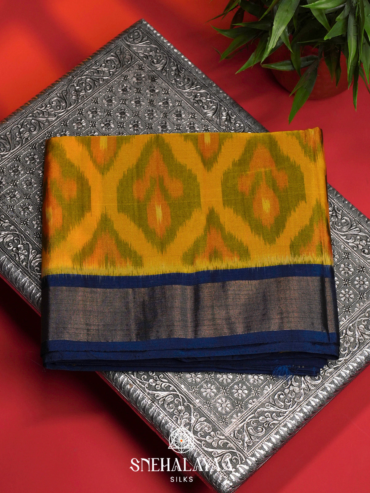 Mustard Yellow Ikat Silk Cotton Saree