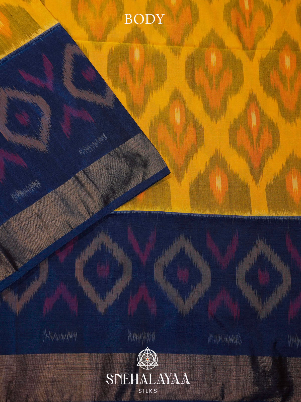 Mustard Yellow Ikat Silk Cotton Saree